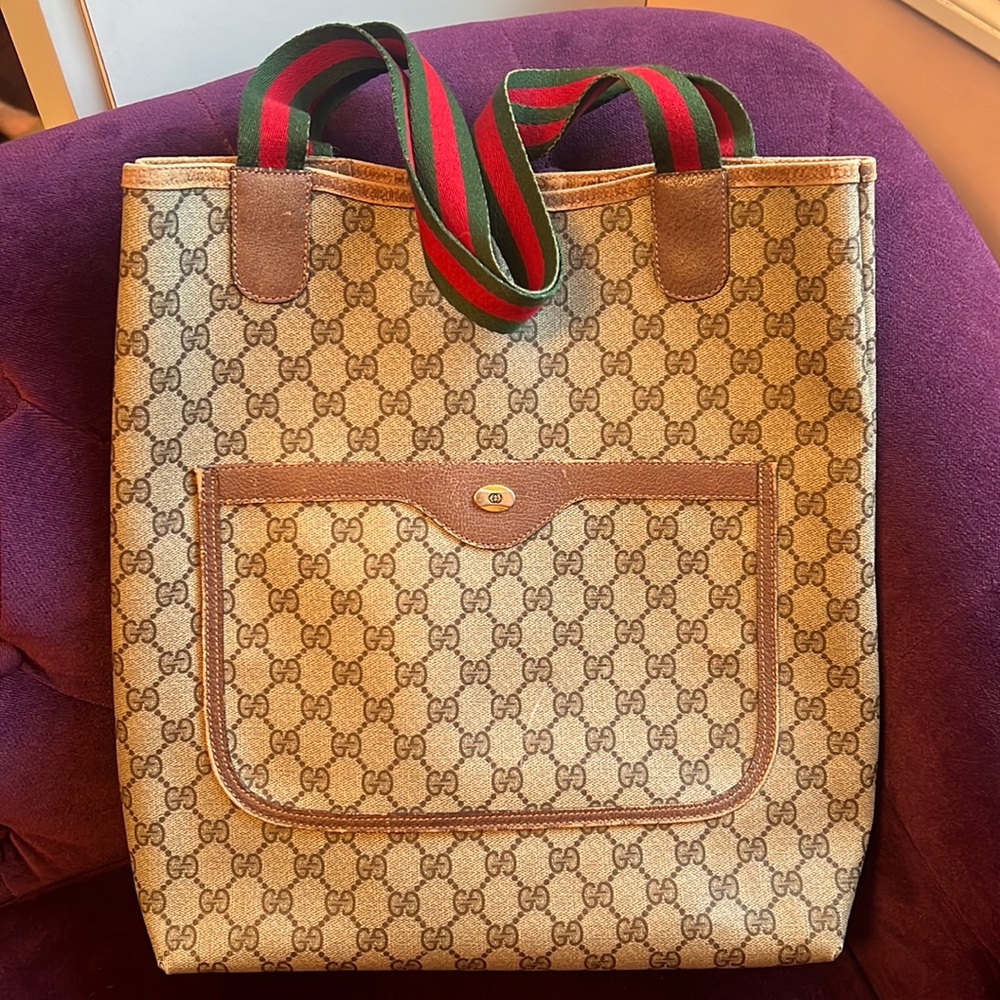 Gucci Beige and Brown Tote with Red and Green Straps